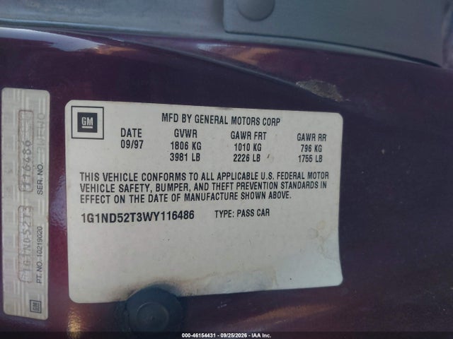 46154431 :رقم المزاد ، 1G1ND52T3WY116486 vin ، 1998 Chevrolet Malibu مزاد بيع