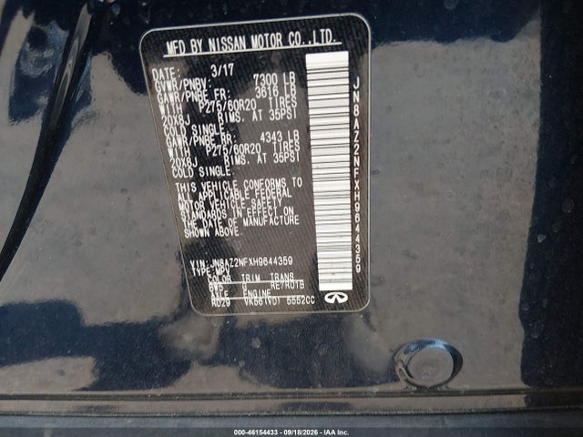 Aukcja sprzedaży 2017 Infiniti Qx80, vin: JN8AZ2NFXH9644359, numer aukcji: 46154433