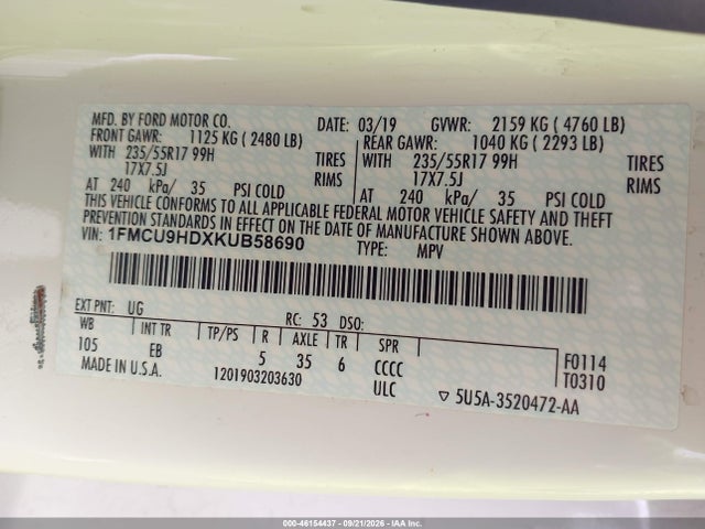 Продаж на аукціоні авто 2019 Ford Escape Sel, vin: 1FMCU9HDXKUB58690, номер лоту: 46154437