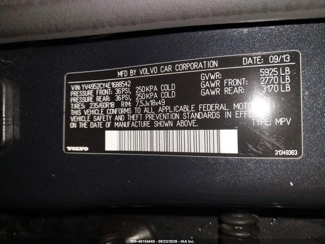 46154445 :رقم المزاد ، YV4952CY4E1688542 vin ، 2014 Volvo Xc90 3.2 مزاد بيع