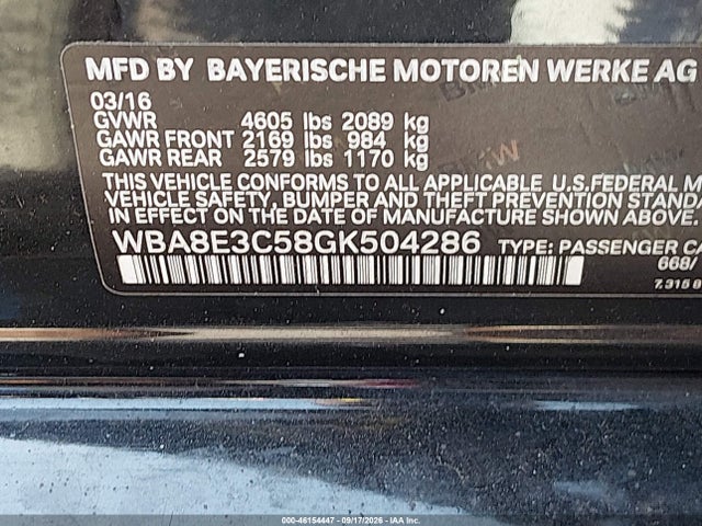 Aukcja sprzedaży 2016 Bmw 328i Xdrive, vin: WBA8E3C58GK504286, numer aukcji: 46154447