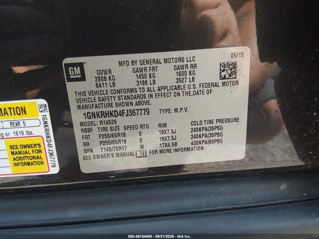 46154460 :رقم المزاد ، 1GNKRHKD4FJ367779 vin ، 2015 Chevrolet Traverse 2lt مزاد بيع