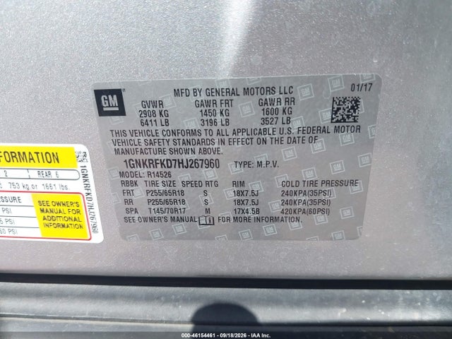 46154461 :رقم المزاد ، 1GNKRFKD7HJ267960 vin ، 2017 Chevrolet Traverse Ls مزاد بيع