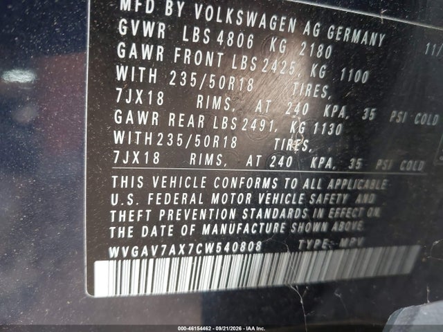 Продажа на аукционе авто 2012 Volkswagen Tiguan Se, vin: WVGAV7AX7CW540808, номер лота: 46154462