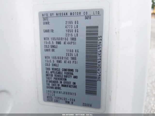Продажа на аукционе авто 2018 Nissan Nv200 S, vin: 3N6CM0KN1JK699415, номер лота: 46154464