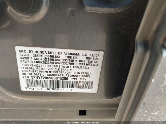 Продаж на аукціоні авто 2008 Honda Pilot Ex-l, vin: 5FNYF28698B015289, номер лоту: 46154463