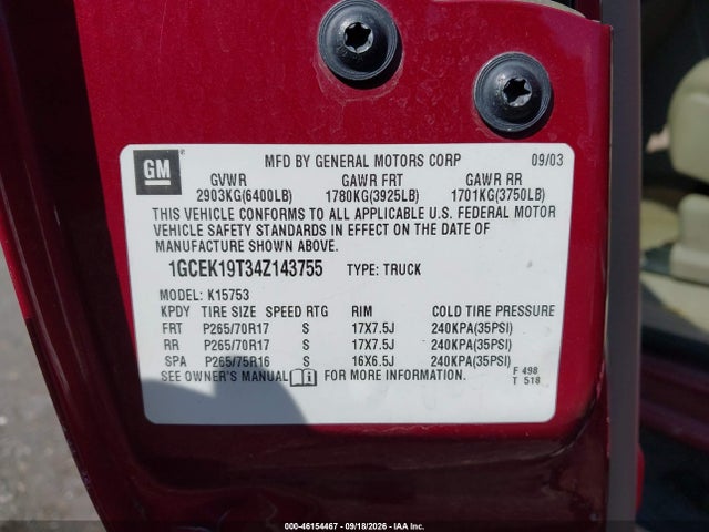 46154467 :رقم المزاد ، 1GCEK19T34Z143755 vin ، 2004 Chevrolet Silverado 1500 Z71 مزاد بيع