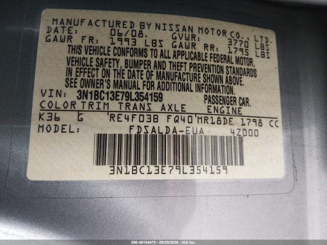 2009 Nissan Versa 1.8s მანქანა იყიდება აუქციონზე, vin: 3N1BC13E79L354159, აუქციონის ნომერი: 46154470
