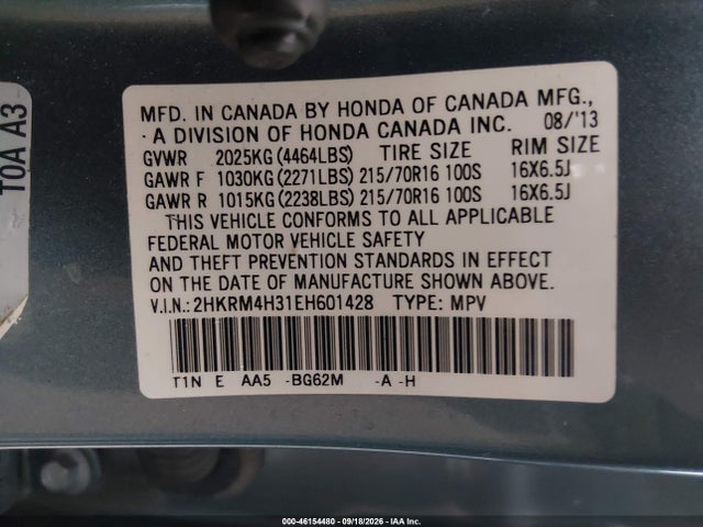 2014 Honda Cr-v Lx მანქანა იყიდება აუქციონზე, vin: 2HKRM4H31EH601428, აუქციონის ნომერი: 46154480