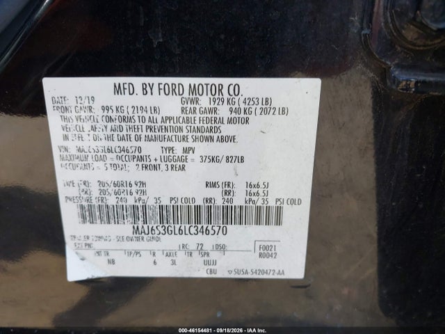 2020 Ford Ecosport Se მანქანა იყიდება აუქციონზე, vin: MAJ6S3GL6LC346570, აუქციონის ნომერი: 46154481