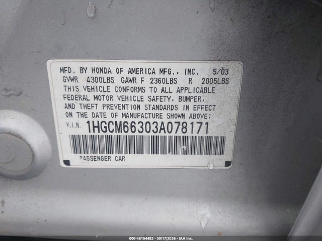 Продаж на аукціоні авто 2003 Honda Accord 3.0 Lx, vin: 1HGCM66303A078171, номер лоту: 46154482