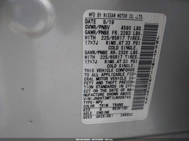 2020 Nissan Rogue Sv Fwd მანქანა იყიდება აუქციონზე, vin: JN8AT2MT1LW009744, აუქციონის ნომერი: 46154484