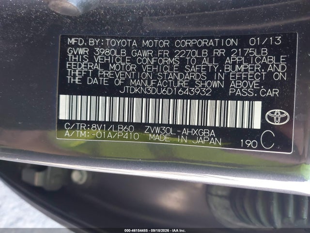 46154485 :رقم المزاد ، JTDKN3DU6D1643932 vin ، 2013 Toyota Prius Four مزاد بيع