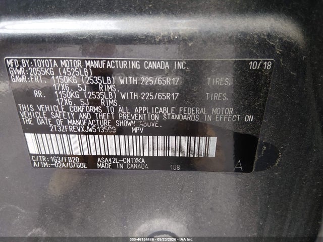 2018 Toyota Rav4 Le მანქანა იყიდება აუქციონზე, vin: 2T3ZFREVXJW513509, აუქციონის ნომერი: 46154486