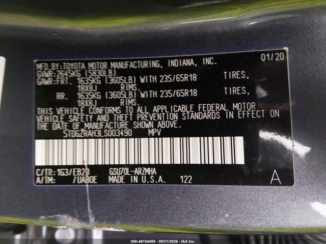 Продаж на аукціоні авто 2020 Toyota Highlander Xle, vin: 5TDGZRAH3LS003490, номер лоту: 46154488