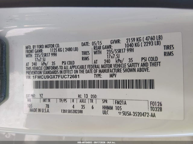 Продаж на аукціоні авто 2015 Ford Escape Se, vin: 1FMCU9GX7FUC72681, номер лоту: 46154503