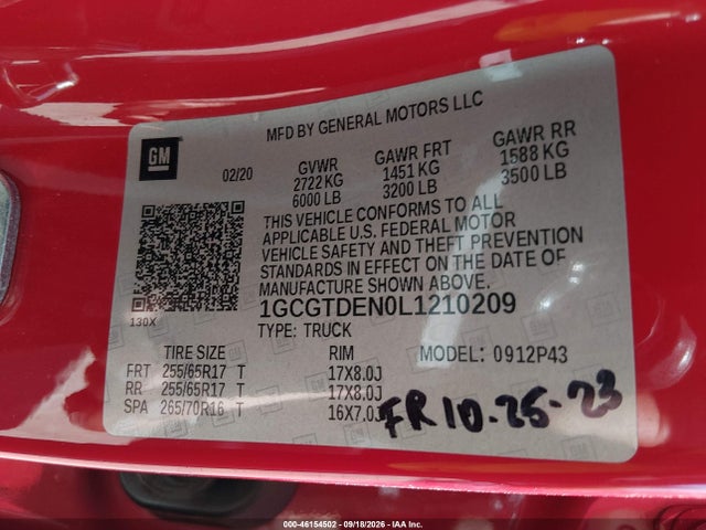 46154502 :رقم المزاد ، 1GCGTDEN0L1210209 vin ، 2020 Chevrolet Colorado 4wd  Short Box Z71 مزاد بيع