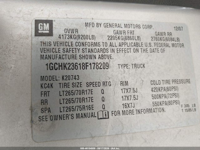 Aukcja sprzedaży 2008 Chevrolet Silverado 2500hd Ltz, vin: 1GCHK23618F178209, numer aukcji: 46154509