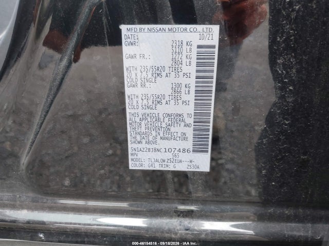 2022 Nissan Murano Sv Fwd მანქანა იყიდება აუქციონზე, vin: 5N1AZ2BJ8NC107486, აუქციონის ნომერი: 46154516