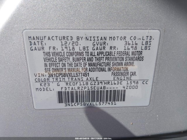 Aukcja sprzedaży 2020 Nissan Kicks S Xtronic Cvt, vin: 3N1CP5BVXLL577451, numer aukcji: 46154519