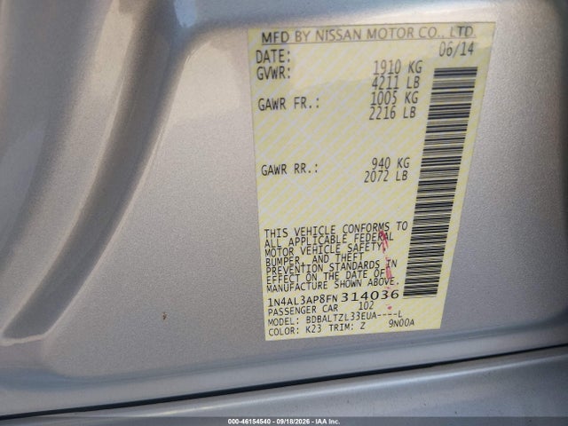 Aukcja sprzedaży 2015 Nissan Altima 2.5 Sl, vin: 1N4AL3AP8FN314036, numer aukcji: 46154540