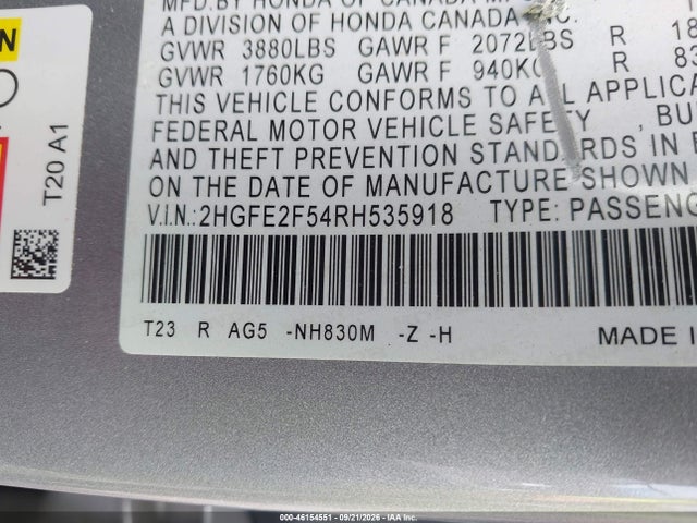 Aukcja sprzedaży 2024 Honda Civic Sport, vin: 2HGFE2F54RH535918, numer aukcji: 46154551