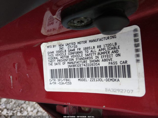 46154555 :رقم المزاد ، 1NXBR32E74Z228354 vin ، 2004 Toyota Corolla Ce مزاد بيع