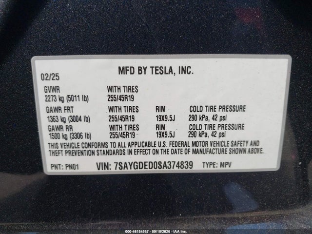Aukcja sprzedaży 2025 Tesla Model Y Long Range Dual Motor Rear-wheel Drive, vin: 7SAYGDED0SA374839, numer aukcji: 46154567