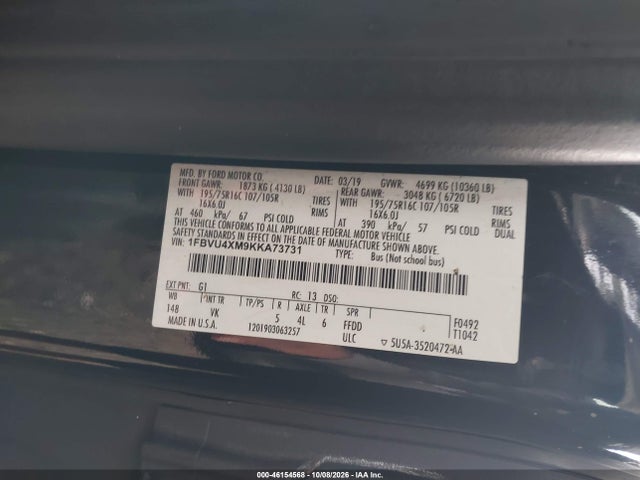 Aukcja sprzedaży 2019 Ford Transit-350 Xl, vin: 1FBVU4XM9KKA73731, numer aukcji: 46154568