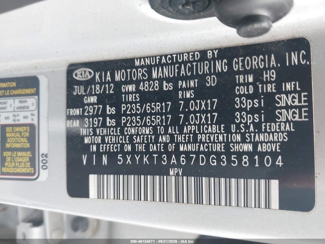 Продаж на аукціоні авто 2013 Kia Sorento Lx, vin: 5XYKT3A67DG358104, номер лоту: 46154571