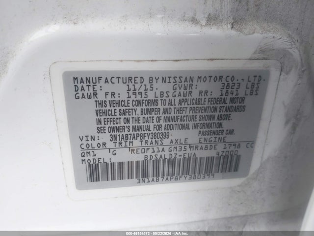 2015 Nissan Sentra Sv მანქანა იყიდება აუქციონზე, vin: 3N1AB7AP8FY380399, აუქციონის ნომერი: 46154572
