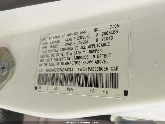 Продаж на аукціоні авто 2005 Honda Accord 3.0 Ex, vin: 1HGCM66535A074314, номер лоту: 46154580
