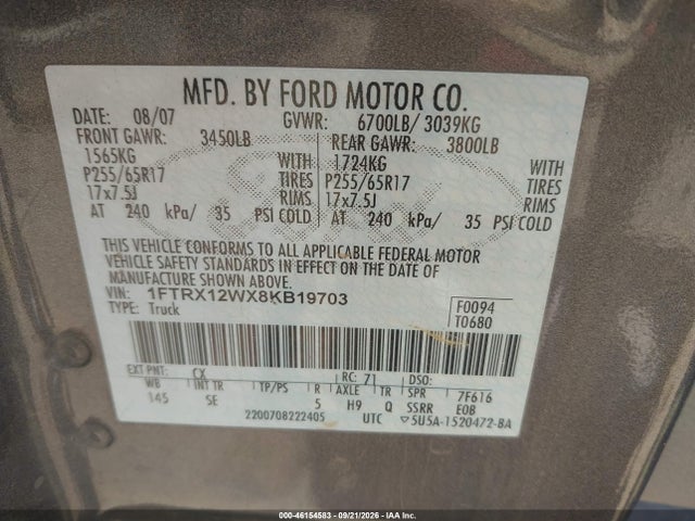 Aukcja sprzedaży 2008 Ford F-150 Fx2/stx/xl/xlt, vin: 1FTRX12WX8KB19703, numer aukcji: 46154583