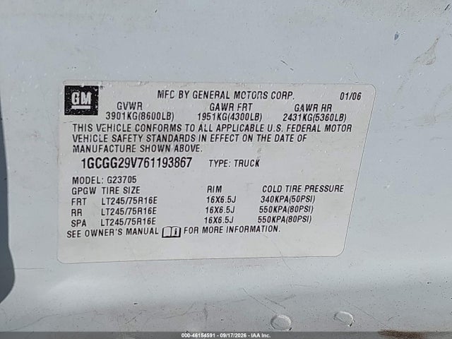Продаж на аукціоні авто 2006 Chevrolet Express Work Van, vin: 1GCGG29V761193867, номер лоту: 46154591