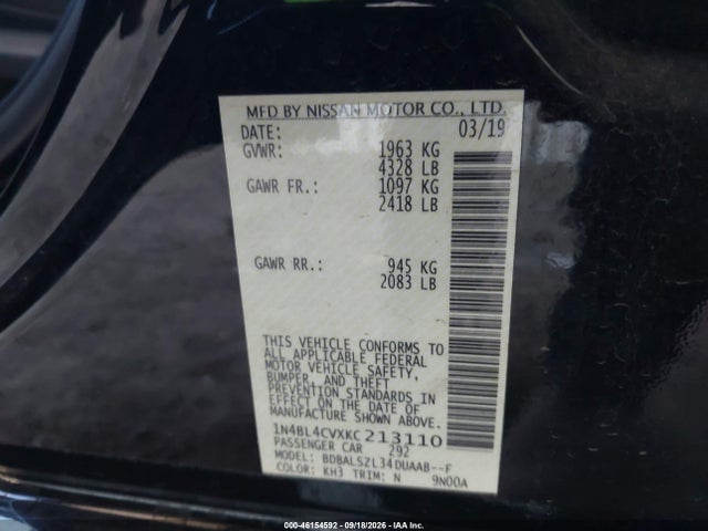 Aukcja sprzedaży 2019 Nissan Altima 2.5 Sr, vin: 1N4BL4CVXKC213110, numer aukcji: 46154592