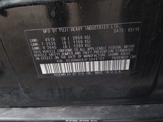 Продаж на аукціоні авто 2015 Subaru Legacy 2.5i Premium, vin: 4S3BNAD63F3049165, номер лоту: 46154602
