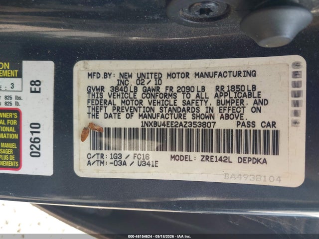46154624 :رقم المزاد ، 1NXBU4EE2AZ353807 vin ، 2010 Toyota Corolla Le مزاد بيع