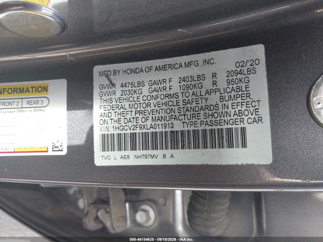 46154625 :رقم المزاد ، 1HGCV2F9XLA011913 vin ، 2020 Honda Accord Touring مزاد بيع