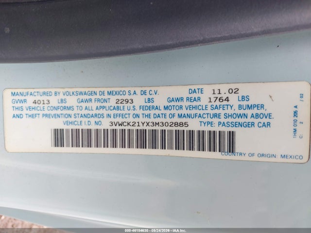 46154630 :رقم المزاد ، 3VWCK21YX3M302885 vin ، 2003 Volkswagen New Beetle Gls مزاد بيع