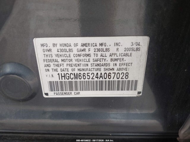2004 Honda Accord 3.0 Ex მანქანა იყიდება აუქციონზე, vin: 1HGCM66524A067028, აუქციონის ნომერი: 46154632