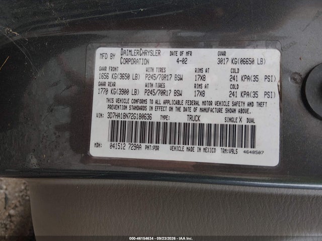 46154634 :رقم المزاد ، 3D7HA18N72G180636 vin ، 2002 Dodge Ram 1500 St مزاد بيع