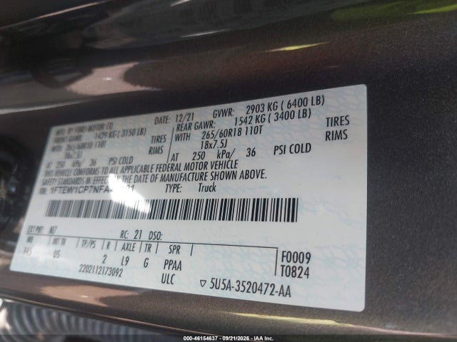 46154637 :رقم المزاد ، 1FTEW1CP7NFA40101 vin ، 2022 Ford F-150 Xlt مزاد بيع