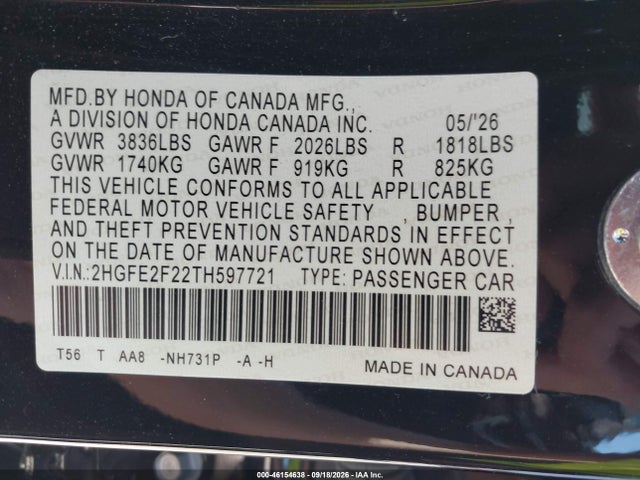 2026 Honda Civic Lx მანქანა იყიდება აუქციონზე, vin: 2HGFE2F22TH597721, აუქციონის ნომერი: 46154638