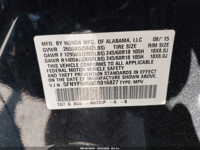 Продажа на аукционе авто 2016 Honda Pilot Ex-l, vin: 5FNYF6H59GB016827, номер лота: 46154641