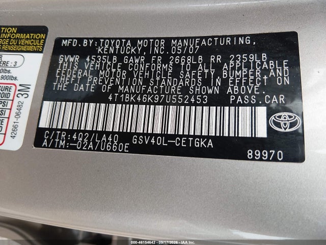 Продаж на аукціоні авто 2007 Toyota Camry Xle V6, vin: 4T1BK46K97U552453, номер лоту: 46154642