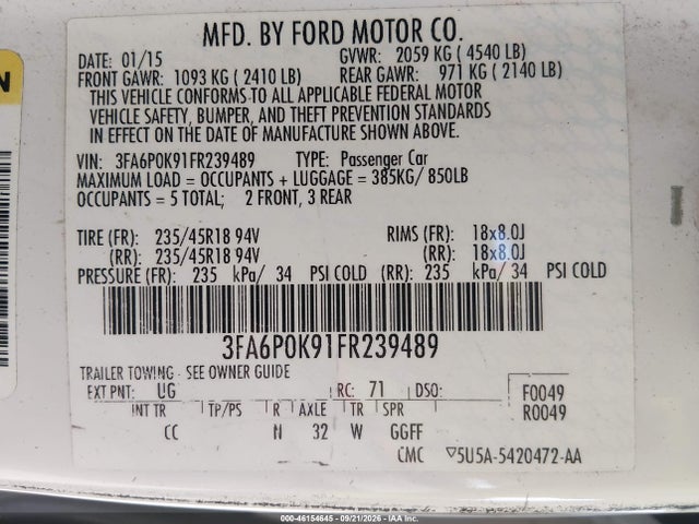 Продаж на аукціоні авто 2015 Ford Fusion Titanium, vin: 3FA6P0K91FR239489, номер лоту: 46154645