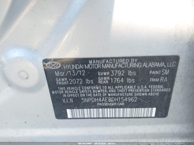 2013 Hyundai Elantra Limited მანქანა იყიდება აუქციონზე, vin: 5NPDH4AE8DH154962, აუქციონის ნომერი: 46154647