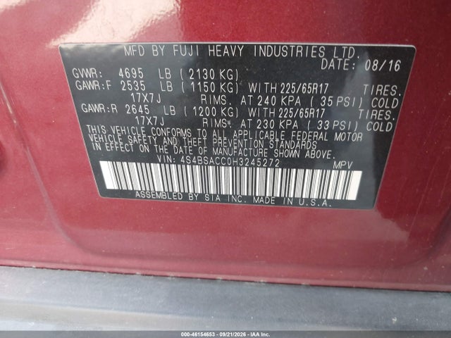 Продажа на аукционе авто 2017 Subaru Outback 2.5i Premium, vin: 4S4BSACC0H3245272, номер лота: 46154653