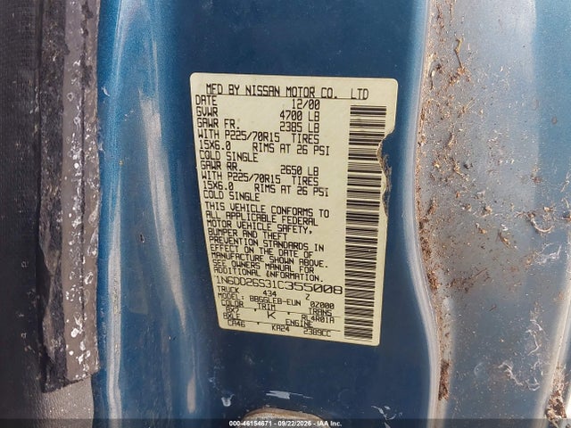 46154671 :رقم المزاد ، 1N6DD26S31C355008 vin ، 2001 Nissan Frontier Xe مزاد بيع