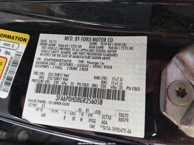 Ford FUSION SE 2016 3FA6P0HD8GR256058 Image 9